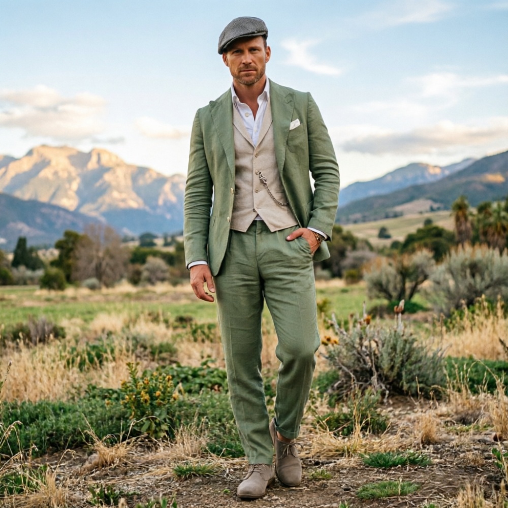 Men Formal Wear Green - Sage Green Linen Men 3 Piece