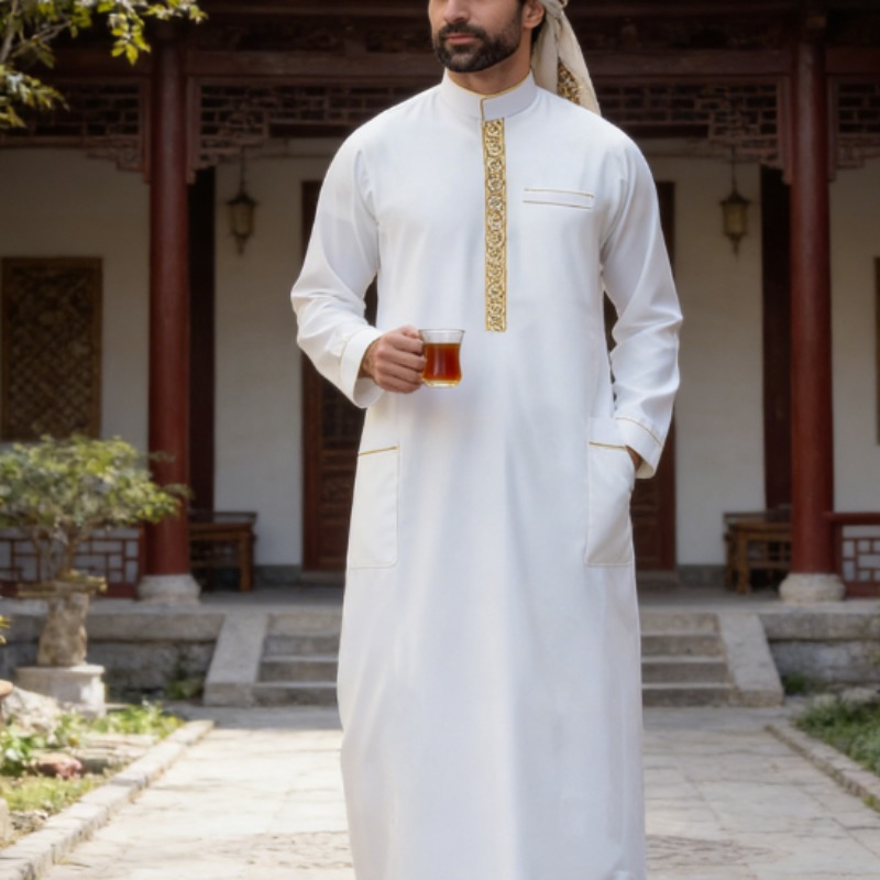 Arabic Formal Wear Men - Arabic Mens Thobe Embroidered Long Sleeve