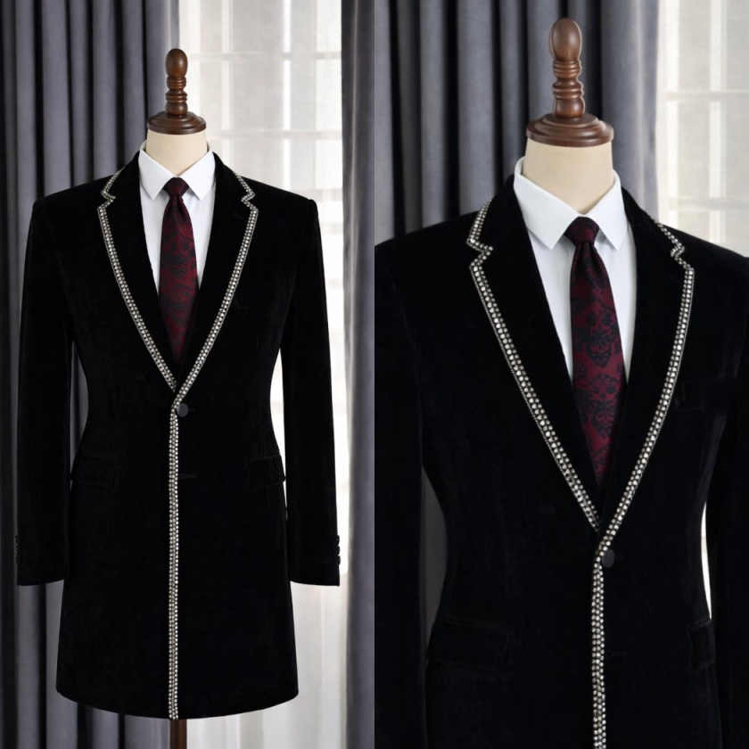 Men Formal Party Wear Outfit - Stylish Rhinestone Lapel Men Long Blazer